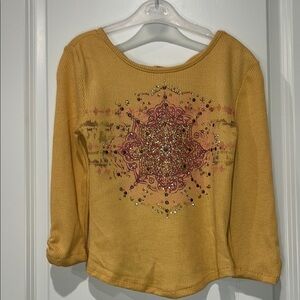 BEAUTEES MUSTARD WAFFLE KNOT LONG SLEEVE RHINESTONE TOP